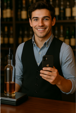 Bartender holding an iPhone next to a liquor bottle on a scale