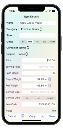 Barkeep item details screen on an iPhone