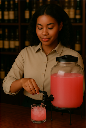 Person pouring a pink drink from a dispenser