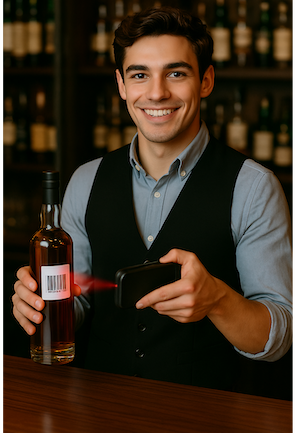 Person scanning a liquor bottle barcode with a phone